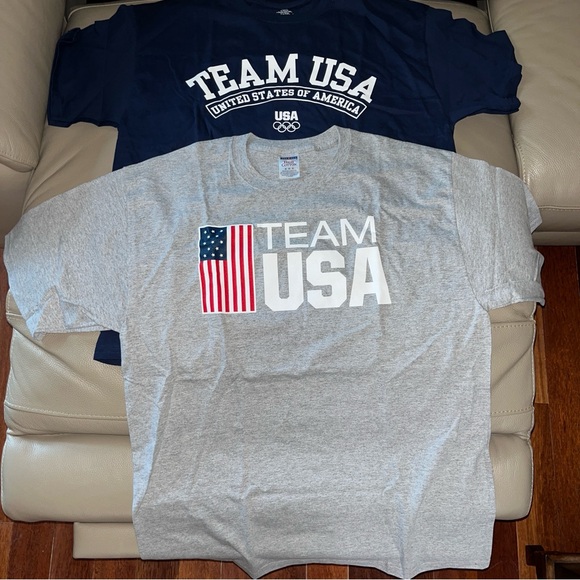 New 2 TEAM USA OLYMPIC RINGS/AMERICAN FLAG T-SHIRTS Men XL short sl gray & navy - Picture 10 of 10